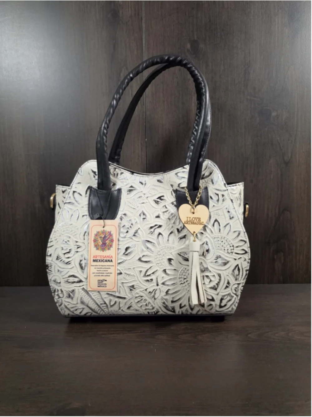 Black White Silver Embossed Tooled Artisan LEATHER Shoulder Bag Purse Crossbody